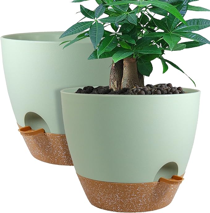 UOUZ 12inch 2Pack Large Self Watering Planters, Plastic Plant Pots with 60oZ Removable Deep Reservoir and Multi Mesh Drainage Holes for Indoor Outdoor Garden Plants and Flowers, Green with Brown