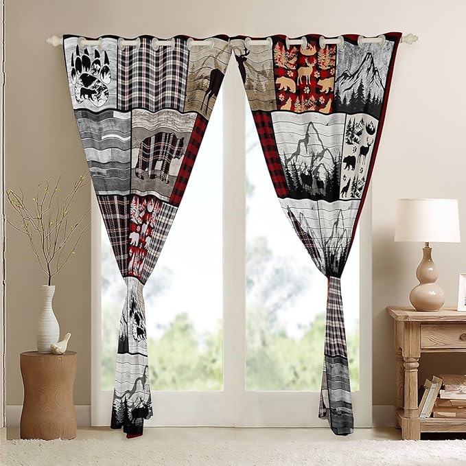 Feelyou Kids Plaid Deer Elk Bear Wolf Curtains Room Decor Rustic Cabin Farm Forest Camping Hunting Blackout Curtain Boys Farm Forest Darkening Drapes Farmhouse Window Treatment, 2 Panels 38 x 45 Inch