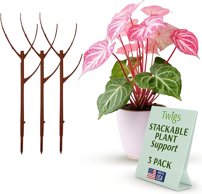 Twigs GA - Stackable Plant Support Stakes, Indoor & Outdoor Houseplant Stem Support, Garden Accessories, Durable Trellis Alternative for Climbing & Potted Plants - Begonia Red, 3 Pack, 17" L