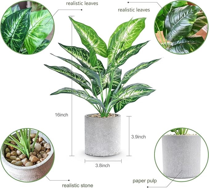 JC nateva 2pcs 16" Fake Plants Artificial Plants Tropical Faux Plants Indoor for Bathroom Kitchen Office Home Sage Green Decor