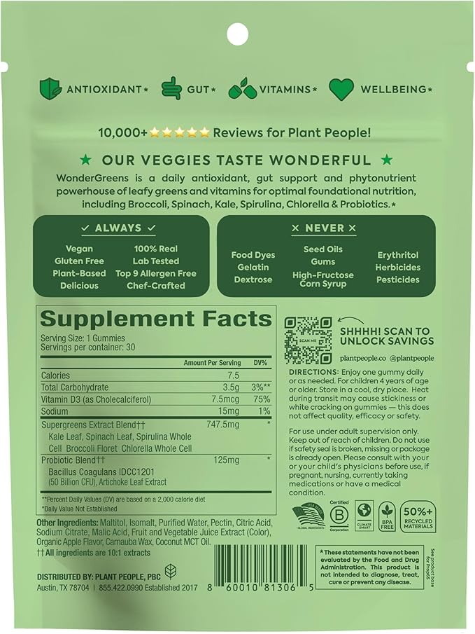 WonderGreens Kids Super Veggie Gummies – Sugar-Free, Allergen-Free Multivitamin for Picky Eaters with Probiotics – Tummy & Immune Support – Green Apple Flavor (30 Count)