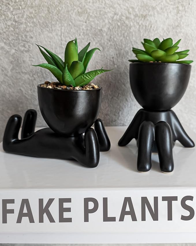 OLEEK Small fake plant office decor for women - blacks plants decor - office plants artificial - fake plants black - succulents fake plant for shelf decor - fake plants black pots for plants - Pot Set