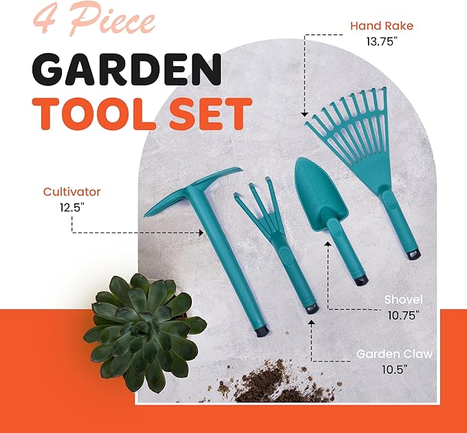 Mintra Home 4-Piece Heavy Duty Garden Tool Set, Including Cultivator, Trowel, Shovel & Rake, Durable Poly Material & Non-Slip Handle, Forest Green