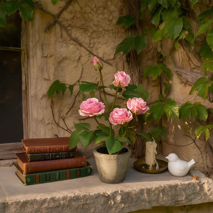Rose in Pot Decor Potted Artificial Flowers Mini Plants Faux Flowers Indoor Small Decor Fake Roses for Home, Bathroom, Kitchen, Offices, Wedding Party Centerpieces (Rose Light Purple)