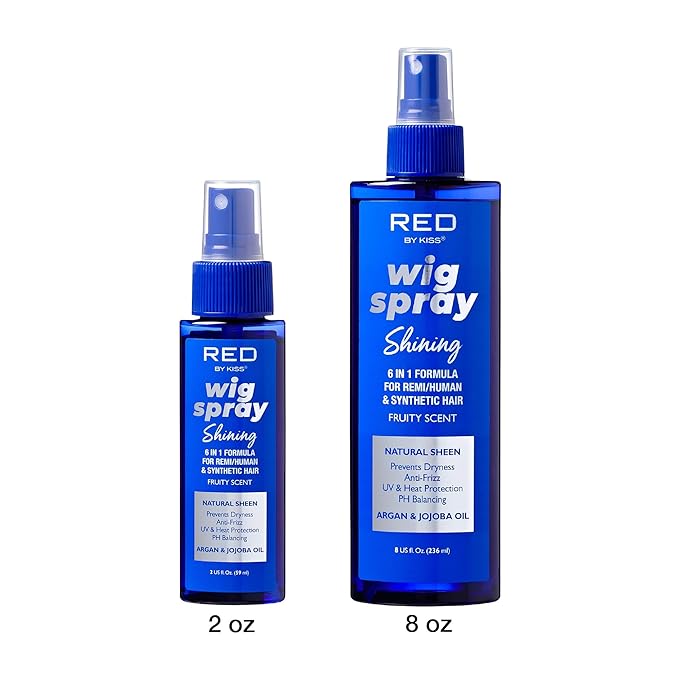 Red by Kiss Wig Spray, Extra Shine & Detangling Control for Remy, Human, Synthetic Hair, UV & Heat Protection, PH Balance & Long-Lasting Fragrance (2oz, Sheen)