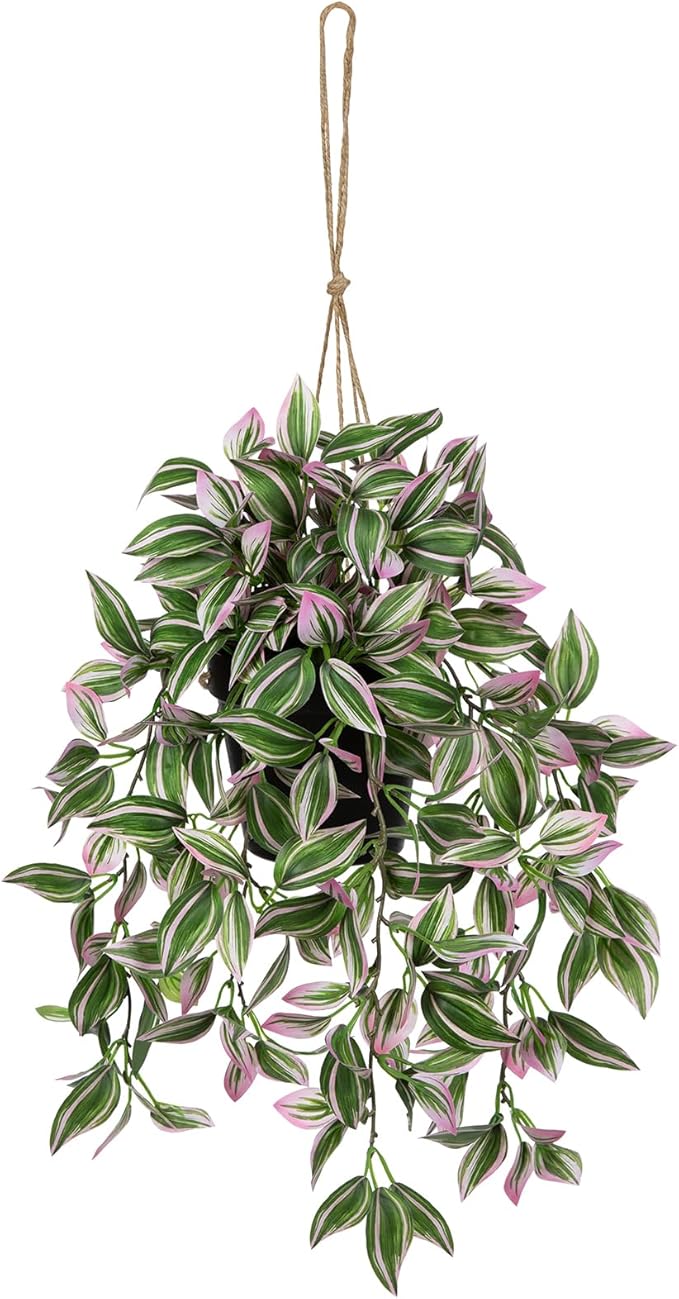 Briful Fake Hanging Plants 17.7" Faux Watermelon Peperomia Silk Plants with Black Pot Artificial Hanging Greenery for Home Garden Balcony Outdoor Patio Decor
