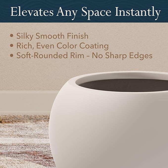 KUTE NEST 9.7" H x 12" D Premium Globo Fiberstone Round Planter with Drainage Hole, Smooth Finishes, Weather Resistant for Indoor and Outdoor Use, Included 2 Extra Coco Mats (Taupe, 7.8" Pot Opening)