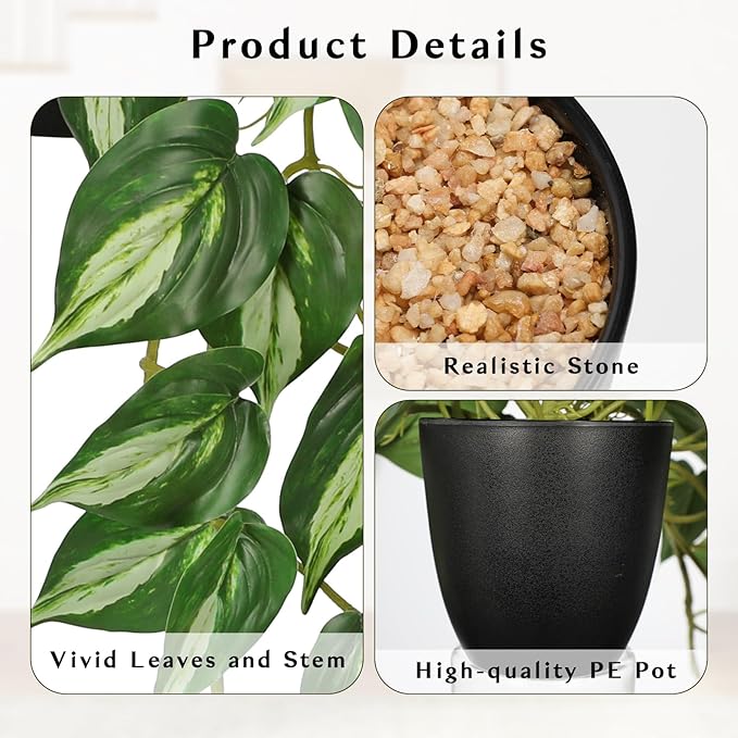 GnFlus Artificial Pothos Fake Ivy Plant with Pot Faux Light Green Leaves Featuring for Home Shelf Decor Indoor Silk Artificial Plant Large