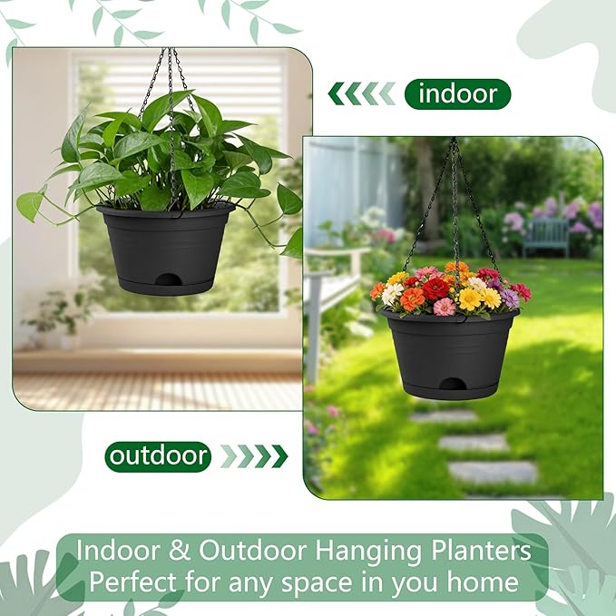 Nooulap 6 Pack Hanging Planters, 10 Inch Plant Pot with Hanger Chain & Drainage Trays, Hanging Baskets for Plants Outdoor Indoor, Hanging Flowers, Vegetables, Herbs (Black-6 Pack, 10 inch)