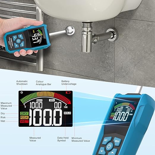Wood Moisture Meter, DURFICST Pinless Moisture Meter with Colour LCD Display and Audible Alarm, Moisture Reader for All Building Materials, Wood, Wall, Plaster, Masonry…