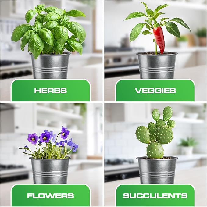 Plexon Herb Planter Indoor Garden Set of 3 with Tray, Metal Herb Pots for Indoor Plants, Round Kitchen Garden Kit Ideal for Windowsill Planter or Countertop, Galvanized Steel