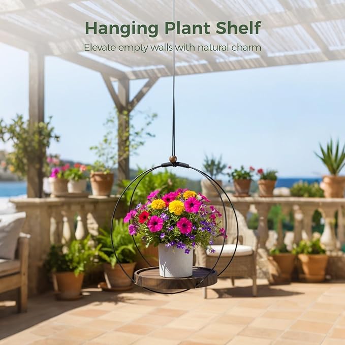 3 Pcs Hanging Plant Shelf, Round Wood Base with Black Metal Frame, Plant Holder with Adjustable Rope for Living Room, Balcony, Bedroom, Indoor Plant Display