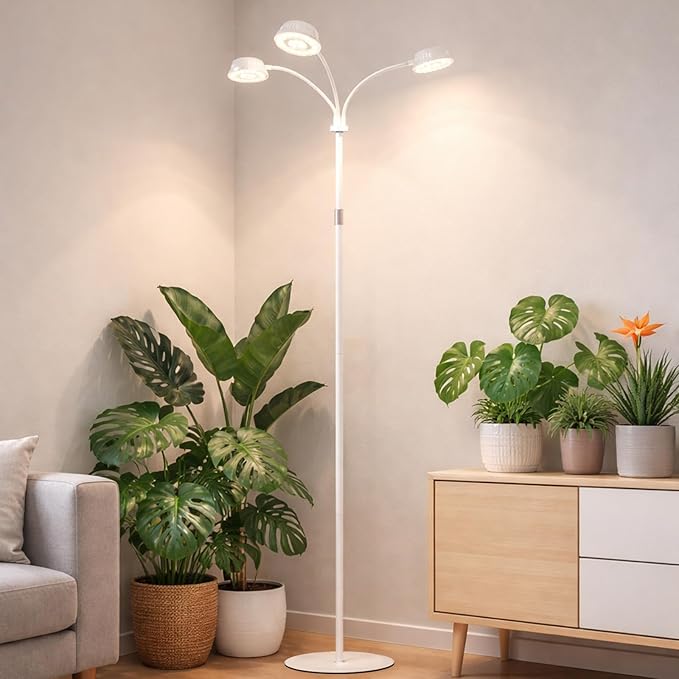 LORDEM Full Spectrum Plant Light for Indoor Growing,Tri-Head Grow Light with Stand for Large Plants,Auto ON/Off Timer 6/8/12/16H, 5 Dimmable Levels, 20-70 inches Adjustable Height