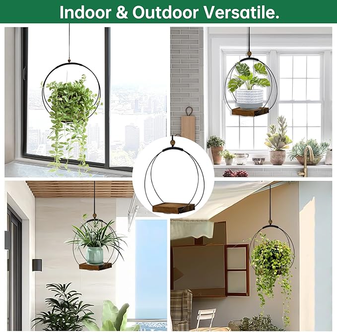 hismocal 4 Pack Hanging Planters for Indoor Plants,Plant Hanger with Sturdy Wood Base,Modern Boho Macrame Plant Hanger,Wall Ceiling Window Stands(Plants/Pots Not Included)