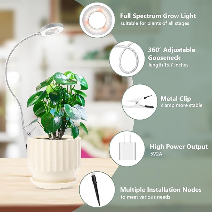 Grow Lights for Indoor Plants, Full Spectrum Clip on Plant Lights for Indoor Growing, White Halo Grow Lamp 3 Pack with 360° Gooseneck, 6/12/16H Timer, 3 Light Modes, 5 Dimmable