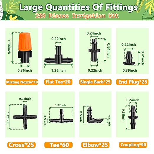 280 Pcs Barbed Connectors Irrigation Fittings Kit, Drip Irrigation Barbed Parts 1/4'' Tubing Kit for Garden Lawn (Nozzles, Nozzle Tees, Single Barbs, Couplings, Tees, Elbows, Plugs, Crosses)