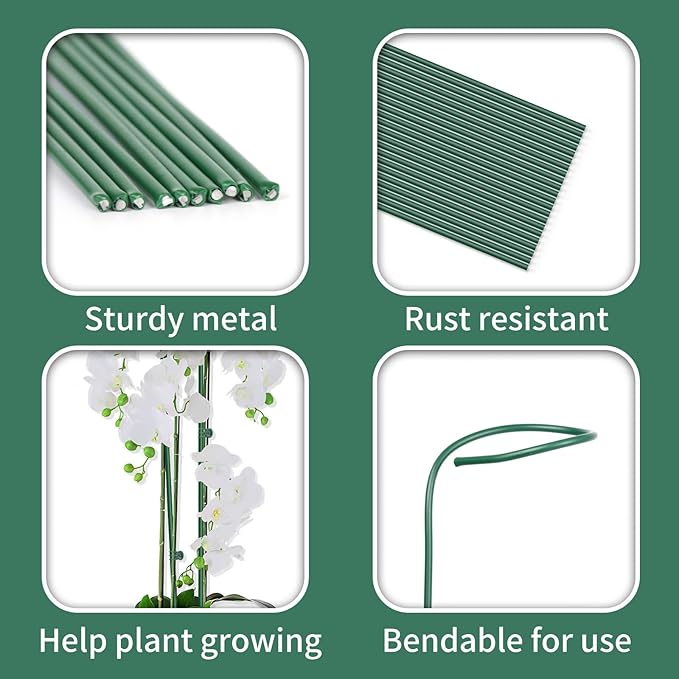 32ft Plant Support Stakes with 50 Pcs Plant Clips and 800 Ties, Plant Sticks for Indoor and Outdoor Plants, Orchid Clips and Stakes, Tall Bendable & Cuttable Single Stem Flower Stakes (Green, 65ft)