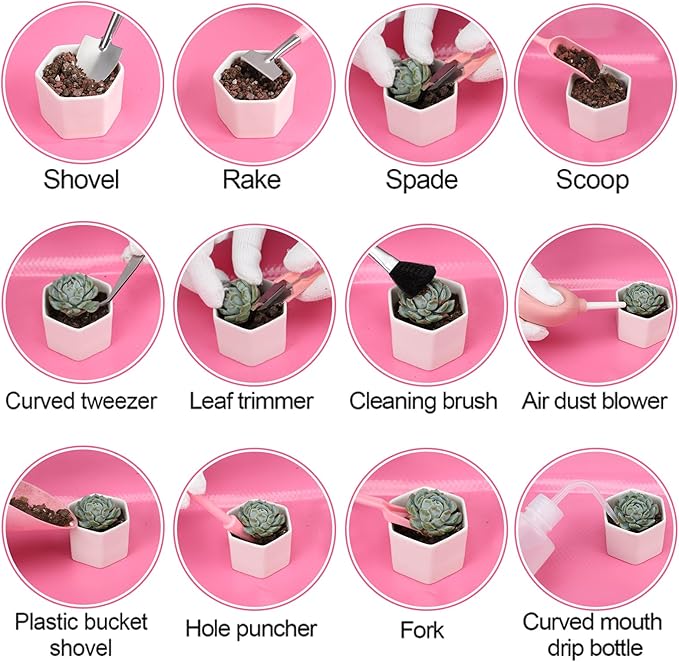 44pcs Small Gardening Tools Gifts for Women Beginners - Garden Hand Tools Set for Indoor Succulent Bonsai Plants Transplanting, Included Bag/Repotting Mat/Shovel/Labels, Pink