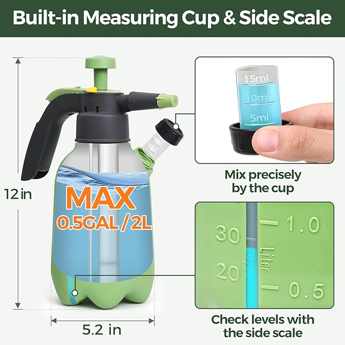 Hand Pump Sprayer 1/2 Gallon, Garden Pump Spray Bottle for Plants, Pressure Sprayer Bottle in Lawn and Garden Yard, Weed Chemical Sprayer with 2 Nozzle & Safety Pressure Relief Valve (2L/0.5Gal)