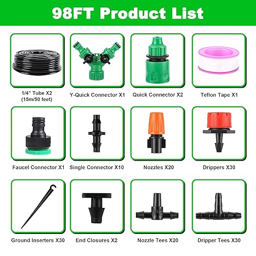 Garden Drip Irrigation Kit,98FT Greenhouse Micro Automatic Drip Irrigation System Kit with 1/4 inch Blank Distribution Tubing Hose Adjustable Patio Misting Nozzle Emitters Sprinkler