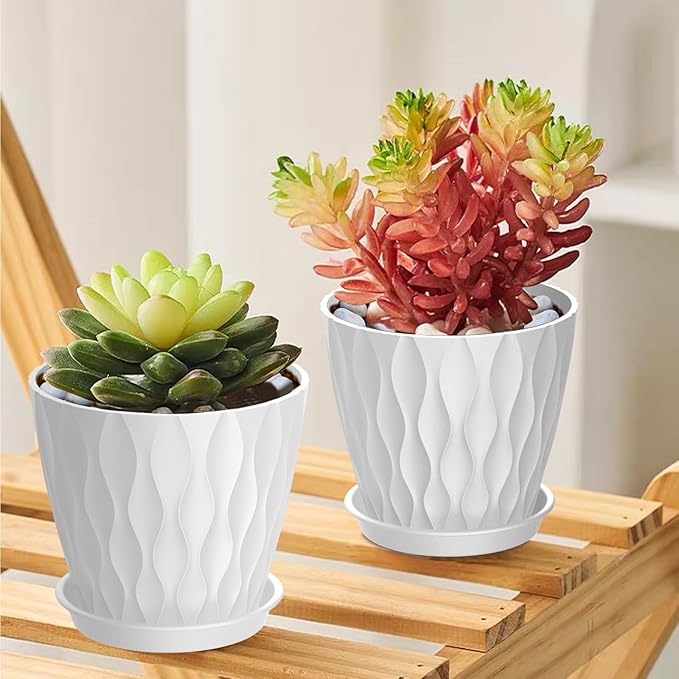 UOUZ 4 Inch Small Pots for Plants, 6 Pack Waffle Texture Small Plant Pots for Succulents, Plastic Planter with Drainage Holes and Saucers for Indoor Outdoor Plants, Flowers, Herbs, Seedlings, White