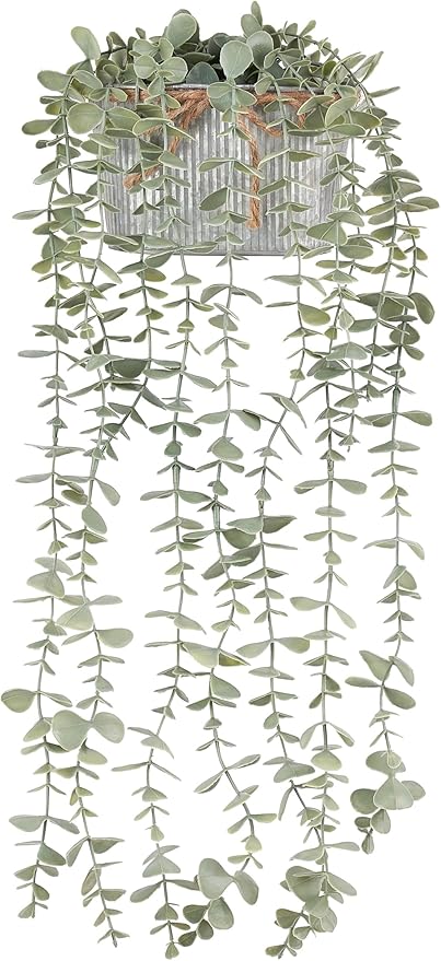 Mkono Fake Hanging Plants in Farmhouse Galvanized Pots Rustic Faux Potted Eucalyptus Greenery Indoor Artificial Plants for Book Shelf Mantel Living Room Bathroom Bedroom Home Office Decor (1, Grey)