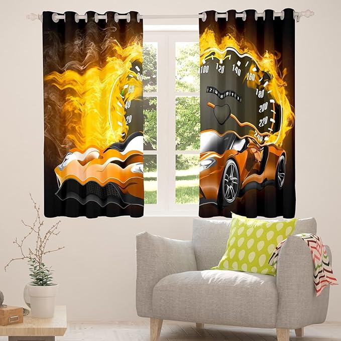 Orange Sports Car Curtains & Drapes,Cool Speed Race Cars Racing Games Blackout Curtains 2 Panels 42"Wx90"L,Hobby Activity Extreme Sport Themed Window Curtains,Yellow Firing Window Treatments