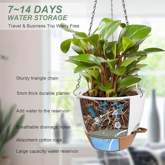 Vanslogreen Hanging Planters for Indoor Outdoor Plants, 2 Pack Self Watering Hanging Pot with Drainage Holes & Removable Tray (White, 6'')
