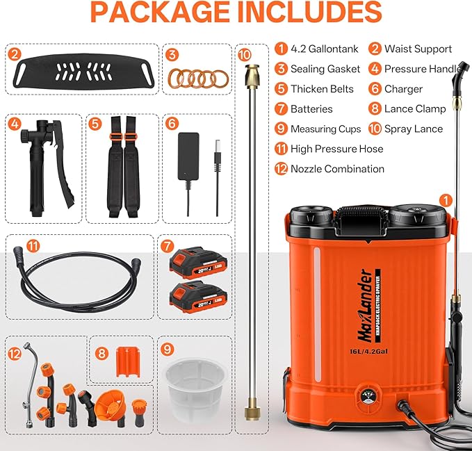 Maxlander Battery Powered Backpack Sprayer 4.2 Gallon, Electric Graden Sprayer Works with 2 x 20V 2.0Ah Battery, 90 PSI Adjustable Pressure Sprayer with 6 Spray Nozzles
