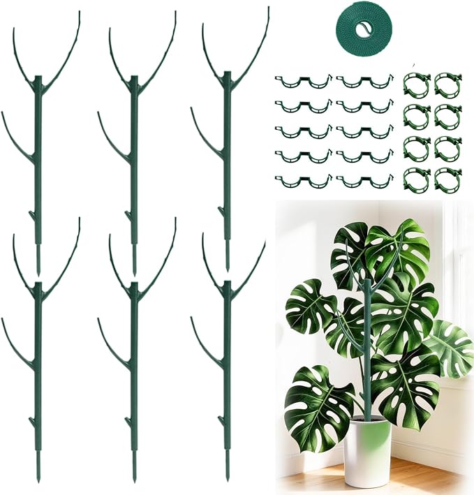 6 Pack Monstera Plant Support, 43inch Stackable Plant Stakes with 20Pcs Clips & 1Pcs Ties, Alternative to Moss Pole Plants Sticks Structures for Climbing Indoor Outdoor Potted Plants