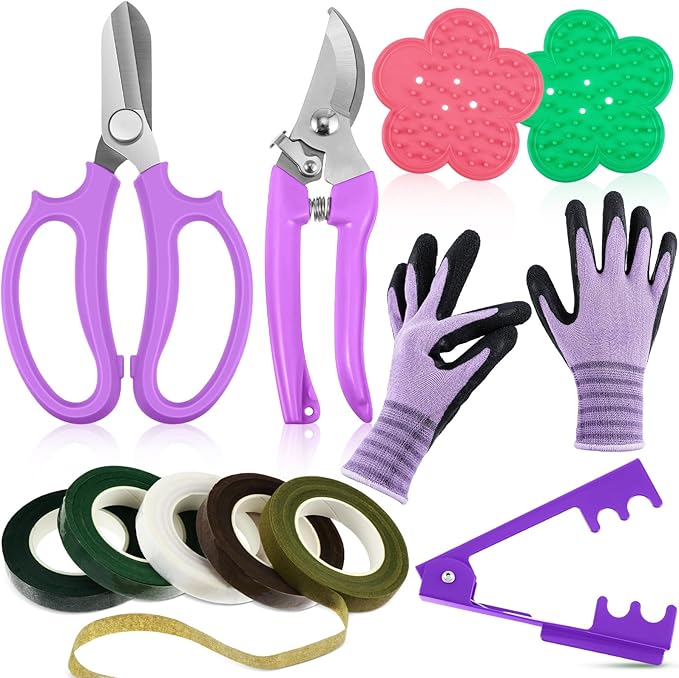 WILLBOND Floral Arrangement Kit, Valentine Rose Thorn Stripper Tool Garden Pruning Shears Scissors Rose Thorn Remover Pruner Trimmer Gloves Tapes Florist Garden Tool Gift Kit for Women(Purple)