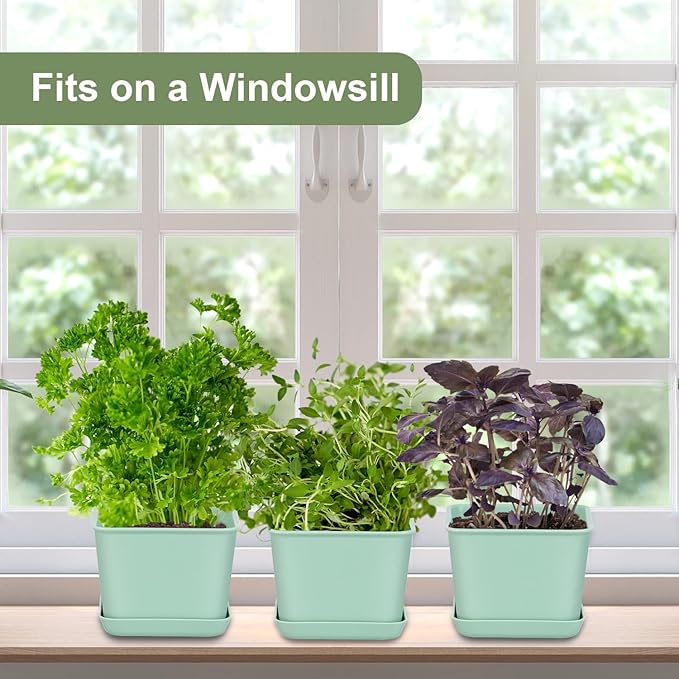 Oliz Herb Garden Planter Indoor Kit Pots for Indoor/Outdoor Plants 4 Packs Windowsill Plant Pots with Drainage and Tray, Window Pot for Indoor Plants (Green)