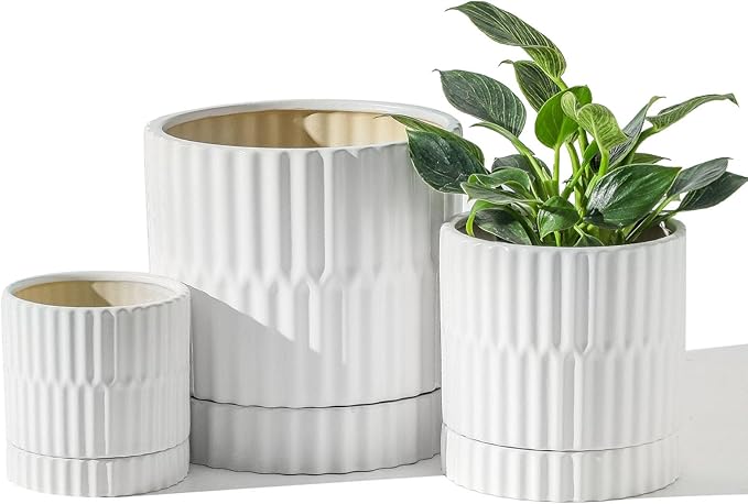 HASENSE Plant Pots - 8+6+4.6 Inch White Vertical Textured Ceramic Planters Set of 3 with Drainage Hole, Decorative Flower Pots for Indoor Plants, Herbs, Succulents, Home Office Desktop Garden Decor