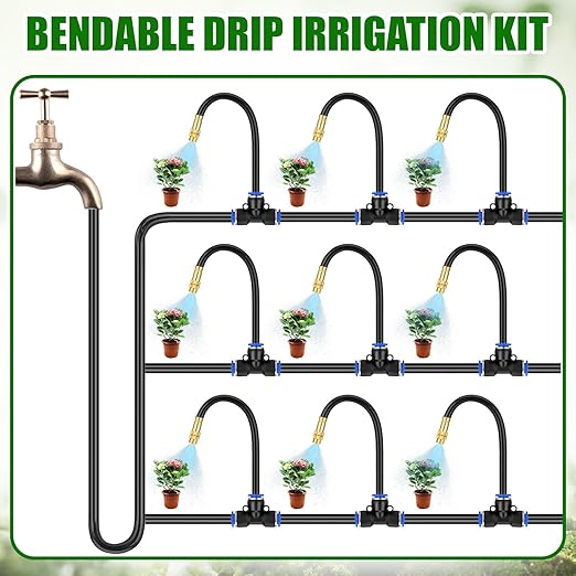 MorningRo 147ft Drip Irrigation Kit, 5/16" Tube Automatic Watering System with 45pcs 360° Adjustable Brass Nozzles, Water Saving DIY for Garden, Lawn, Yard, Greenhouse Plants