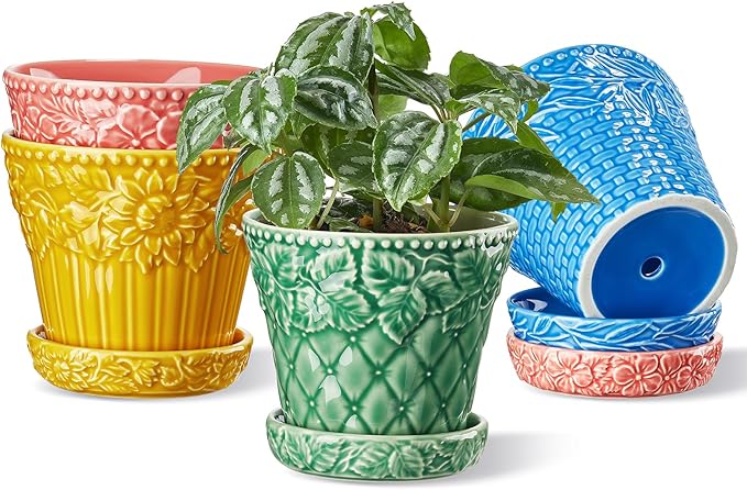 Metahom Ceramic Plant Pots, 4.9 Inch Flower Pots with Drainage Hole & Saucer, Colorful Planter Pots for Indoor Plants, Small Pots for Succulent, Catus, Home Decor, Set of 4, Assorted Colors