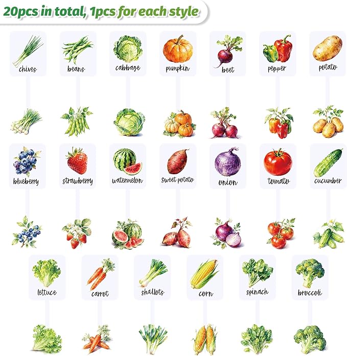 Whaline 20Pcs Acrylic Vegetable Fruit Plant Label Signs Garden Markers 20 Styles Watercolor Vegetable Fruit Waterproof Potted Plant Stake Tags with Names for Nursery Indoor Outdoor Garden Decor