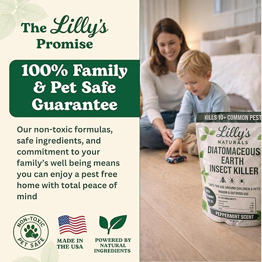 Diatomaceous Earth Food Grade 1lb Bag | Carpet Beetle Killer Indoor, Flea Powder for Carpets, Roach & Ant Killer | Whole-Home Pest Control Powder with Peppermint & Clove | Lilly's Naturals