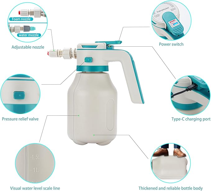 Electric Foam Sprayer Car Wash, 0.5Gallon 2L Rechargeable Battery Power Display Auto Pressure Foamer Spray Bottle, 2 Nozzles Mode Spray