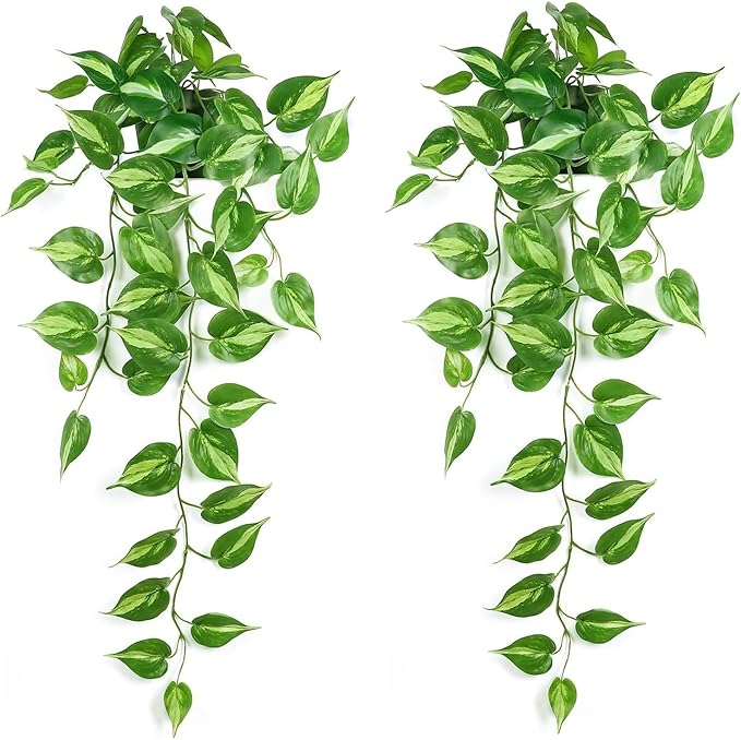 Fake Pothos Hanging Plants with Pots, 33.5" Set of 2 Faux Ivy Vines, Realistic Silk Artificial Plants Greenery for Home Indoor Decor, Living Room, Desk Shelf, Bathroom Decoration