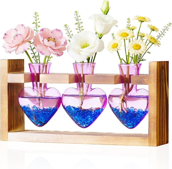 Nacome Plant Terrarium Propagation Stations: Mothers Day Gifts for Mom Plant Lovers Women Wife Daughter - 3 Bulb Glass Vase with Wooden Stand Tabletop for Hydroponics Home Garden Decor(Purple)