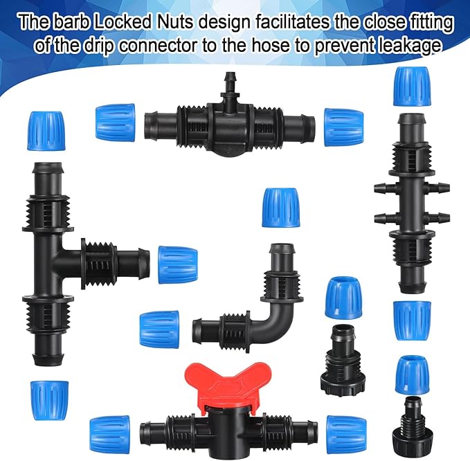 Glooglitter 40 Pcs 1/2" Tubing Irrigation Fittings Kit 1/2 ID x 0.6-0.63 OD 16 mm Drip Irrigation Barbed Connectors Include 6 Switch Valves 18 Barbed Tee 8 Ends 4 Adapters 4 Elbows (Black and Blue)