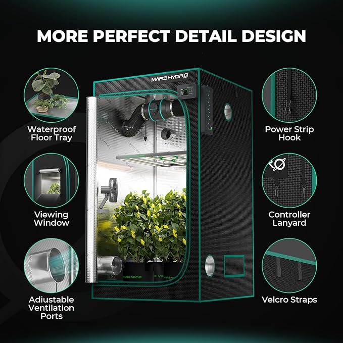 MARS HYDRO 2.3x2.3 Advanced Grow Tent, 27"x27"x63" High Reflective Mylar 1680D for Hydroponics Indoor Plant Growing, with Observation Window,Floor Tray and Smooth Zipper for TS600/SP150/TS1000