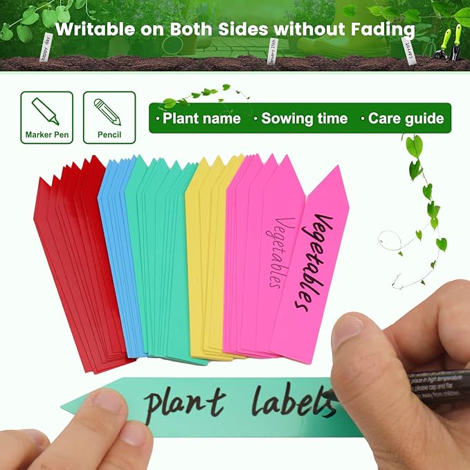 KINGLAKE Plant Labels 4 Inch - 300 Pcs Plastic Plant Tags Nursery Garden Labels Plants Markers for Outdoor Garden Waterproof Multicolored Plants Name Tags for Seedlings with Permanent Marking Pen