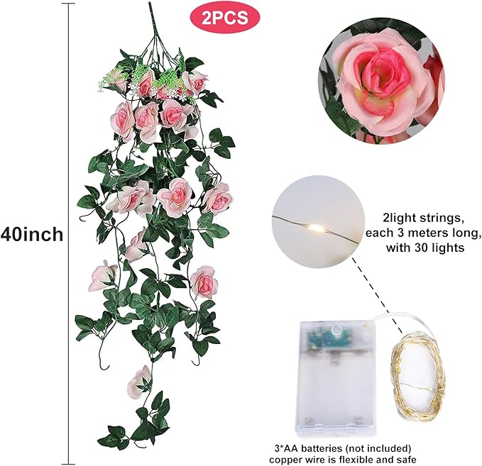 RECUTMS 2pcs Artificial Hanging Plants 32 in Fake Plant Ivy Vine Outdoor, Hanging Champagne Rose Flower Wall Sconce, UV Resistant Plastic for Valentines Day Wall Hanging Decorations(Champagne)