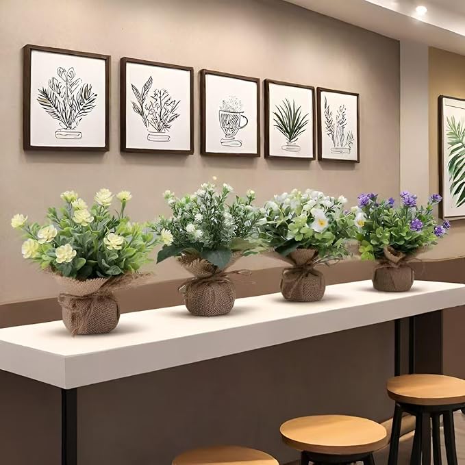 Artificial Plant Decorations mini Greenery Fake Plants Indoor Outdoor Cute Small Faux Eucalyptus House Home Living Room Bathroom Table Desk Office Hotel Spring Decor 4 Kinds of Flowers