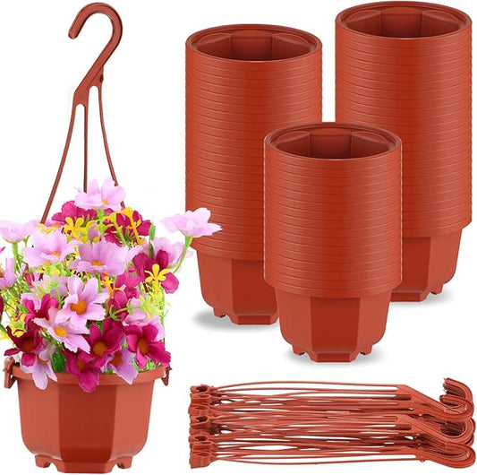 Roshtia 50 Pcs 3.7 inch Plastic Hanging Plant Pots with Hooks Flower Pots Baskets Outdoor Hanging Nursery Planter Holder for Home Garden Balcony Porch(Brown, 3.7 inch)