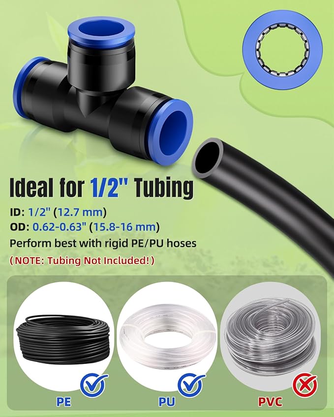 Pawfly 15 Pcs Quick Connect 1/2" Drip Irrigation Tee Fittings for 1/2 Inch Irrigation Tubing (1/2" ID x 0.62-0.63" OD), Push-to-Fit 3-Way Tee Connectors, Anti-Leak Drip Irrigation Parts