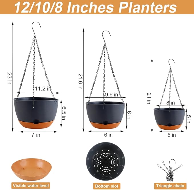 KPUVX 8/10/12 inch Plant Pot Hanging Planters Self Watering Pots for Indoor Plants, 3 Pack Plastic Hanging Basket with Removable Tray for Home Garden Porch Balcony Patio Decor(Black)