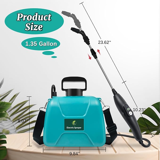 1.35 Gallon Battery Powered Sprayer, Electric Garden Sprayer with Rechargeable Handle, 3 Mist Nozzles, Retractable Wand, Water Pump Sprayer with Adjustable Shoulder Strap for Yard, Lawn and Garden