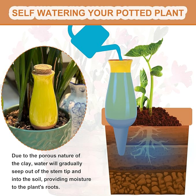 4 Pack Terracotta Plant Watering Globes, 12Oz Ollas Self Watering Pots for Indoor Outdoor Plants, Automatic Plant Drip Irrigation Device, Clay Planter Insert, Up to 1 Week, for Vacations Potted Plant